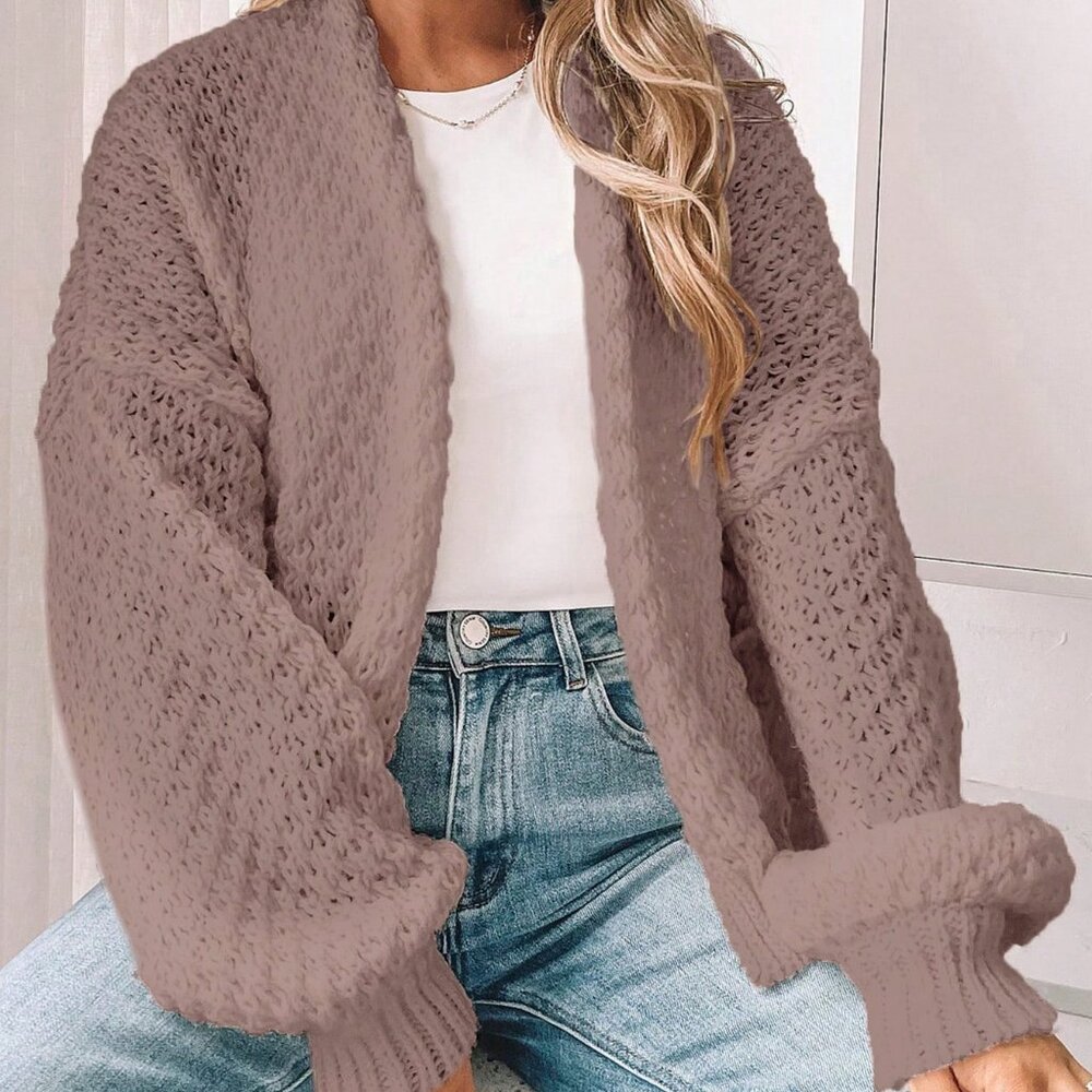 Khaki Casual Women's Dropped Shoulder Long Sleeve Hollow Out Loose Cardigan - Picture 5 of 7